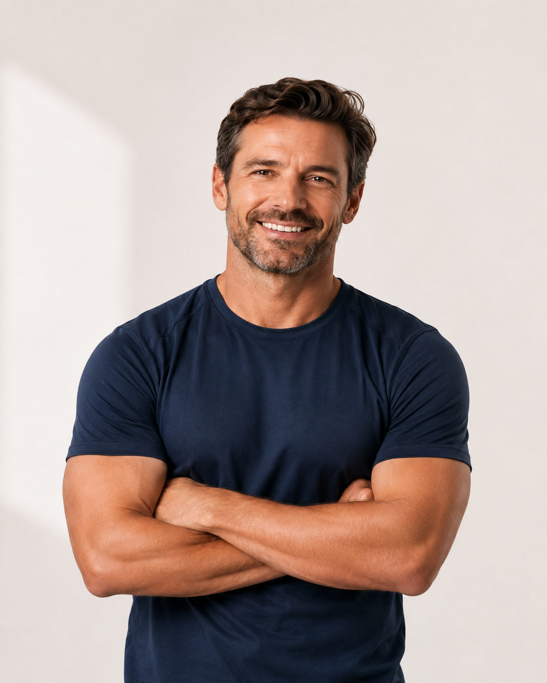 Smiling man in a navy athletic shirt